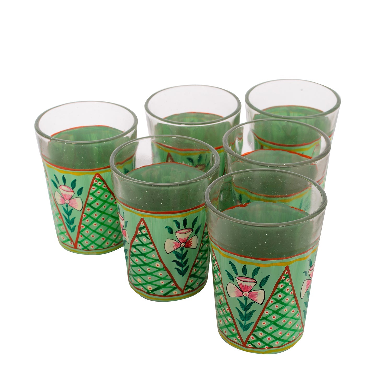 Hand Painted tea glass set of six with stand: Green