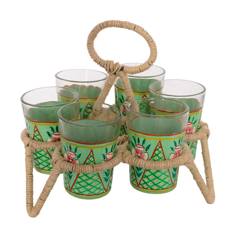 Hand Painted tea glass set of six with stand: Green