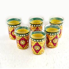 Hand Painted Tea Glass set of 6 : Golden Maroon with Crystals