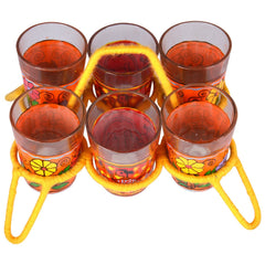Hand Painted tea glass set of six with stand ; "Chikha with glasses" : Madhbuni