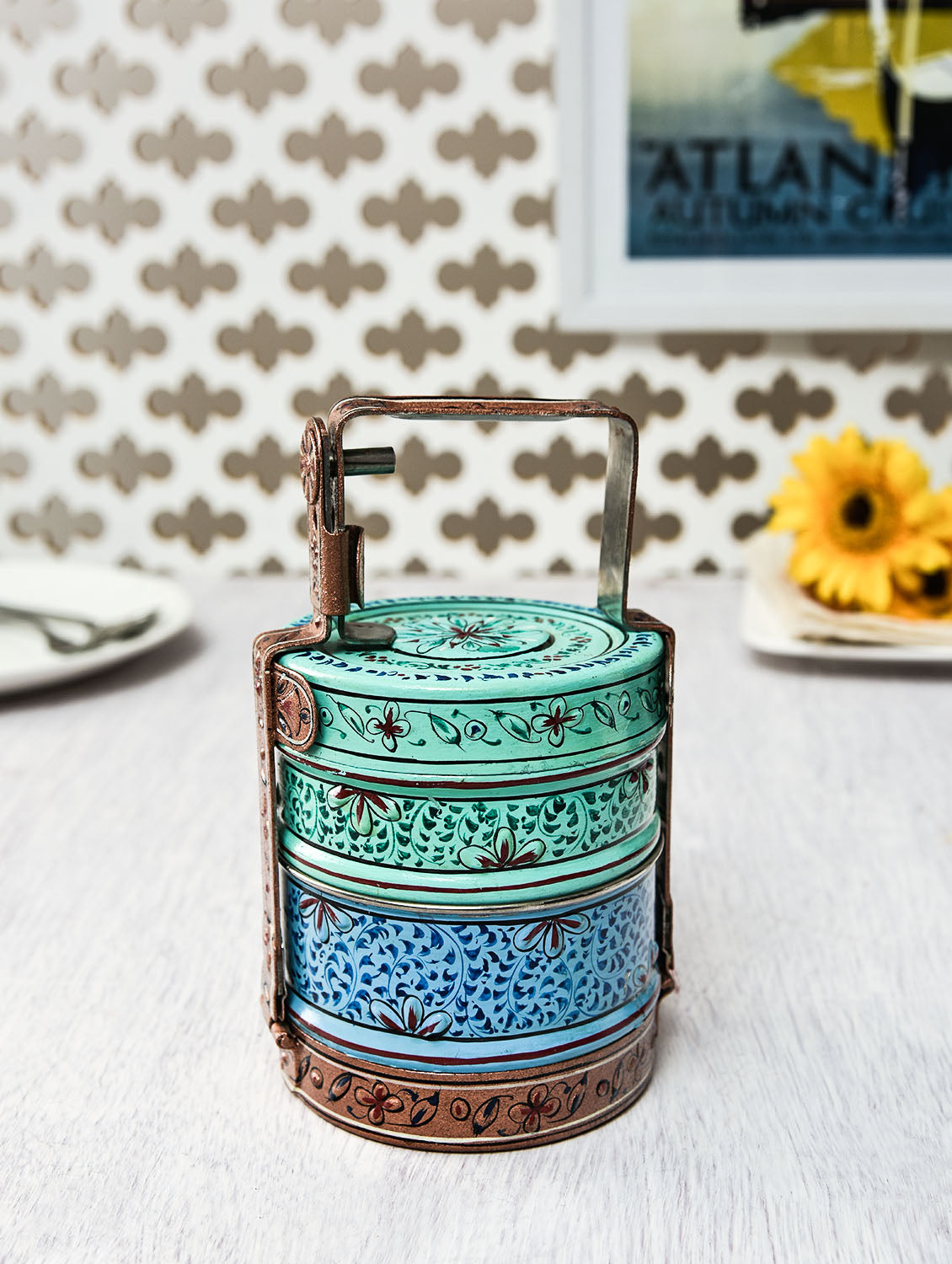 Hand Painted 2 Tier Steel Lunch Box- A dabba, or Indian-style tiffin carrier, Bombay Dabba