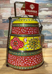 Hand Painted 3 Tier Steel Pyramid Lunch Box- Yellow & Red Mughal Art