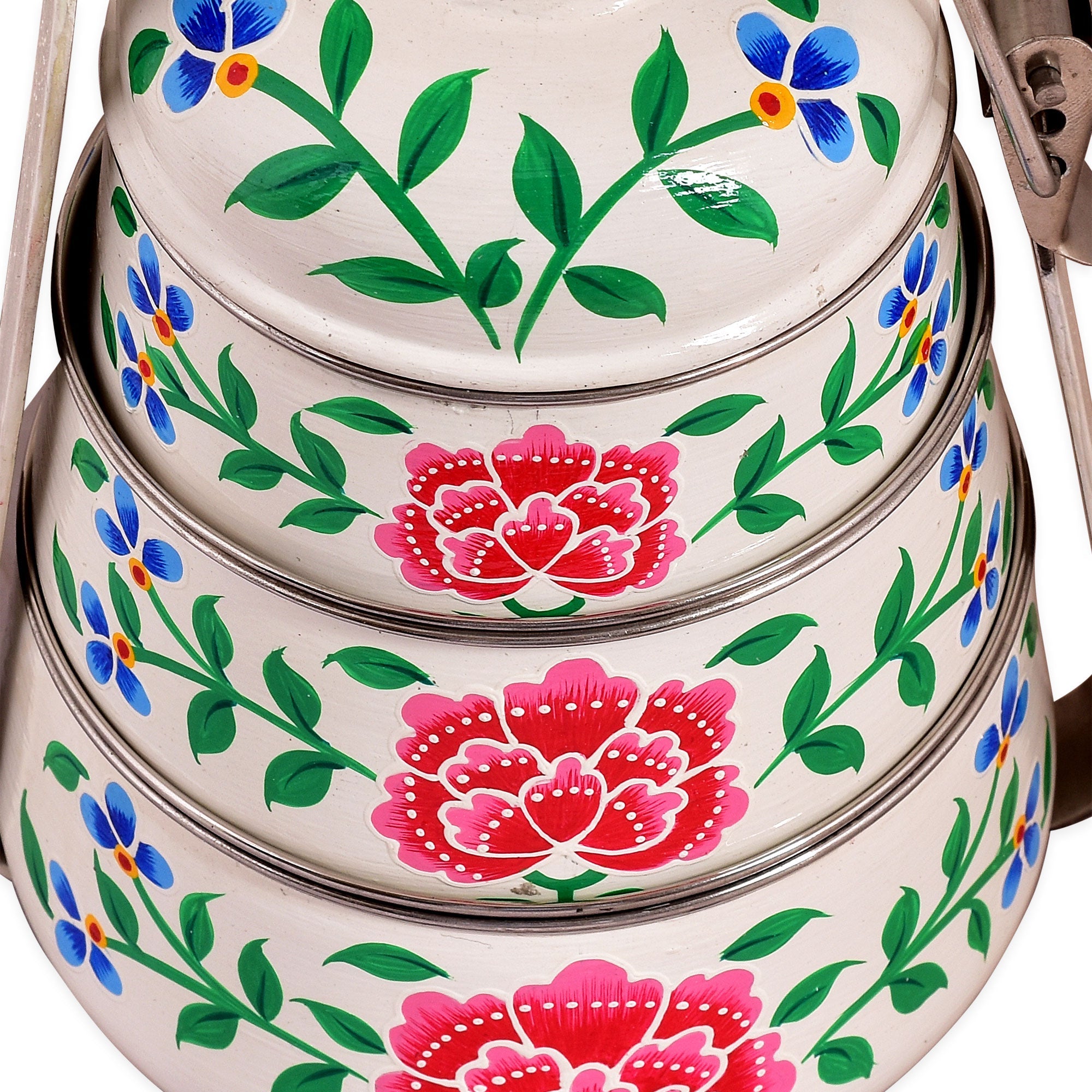 Hand Painted 3 Tier Steel Lunch Box- White Floral Kashmiri Art Tiffin