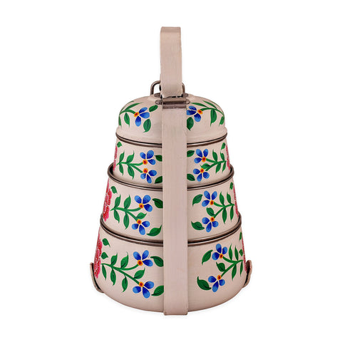 Hand Painted 3 Tier Steel Lunch Box- White Floral Kashmiri Art Tiffin