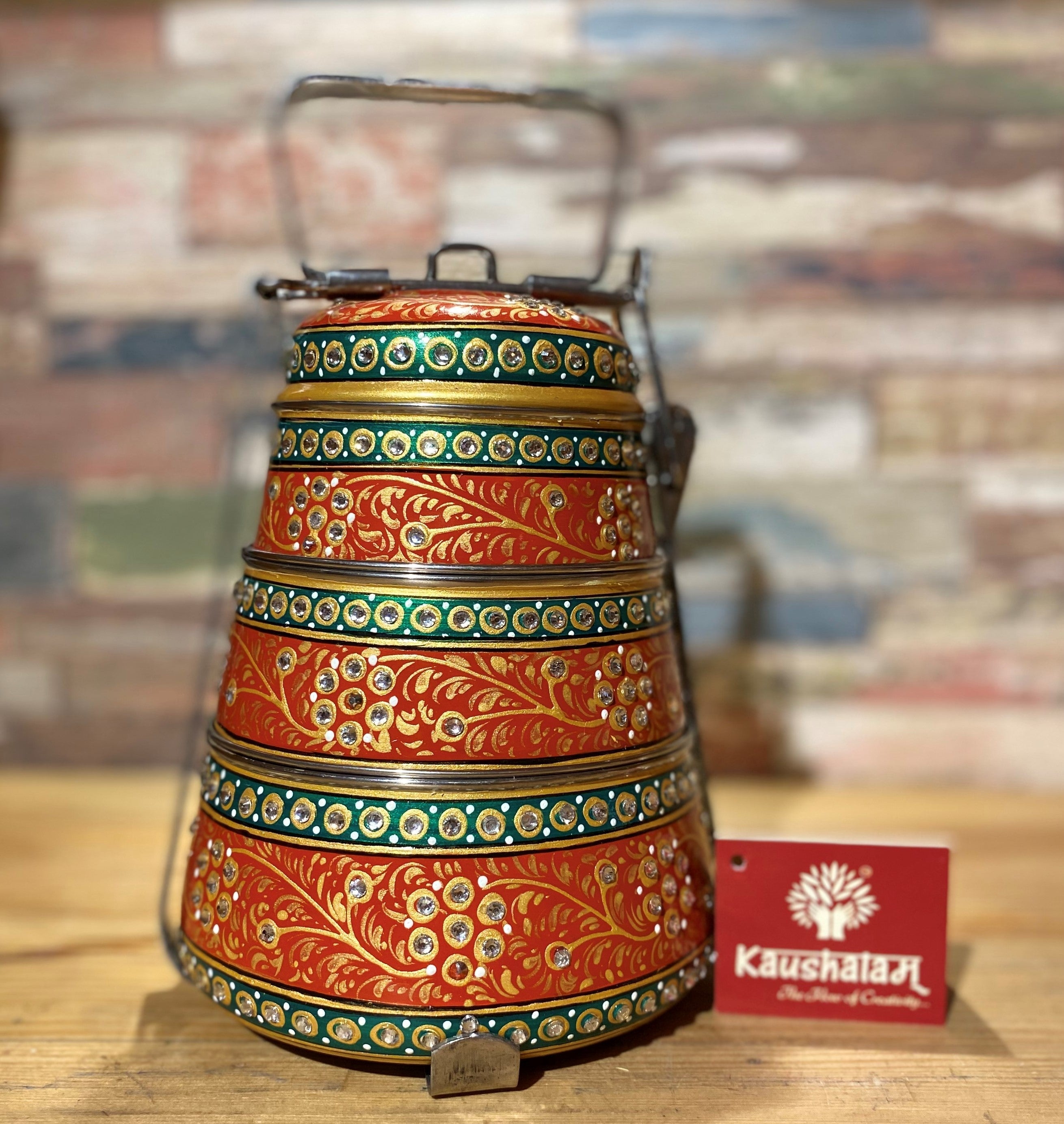 Hand Painted 3 Tier Steel Lunch Box- Red