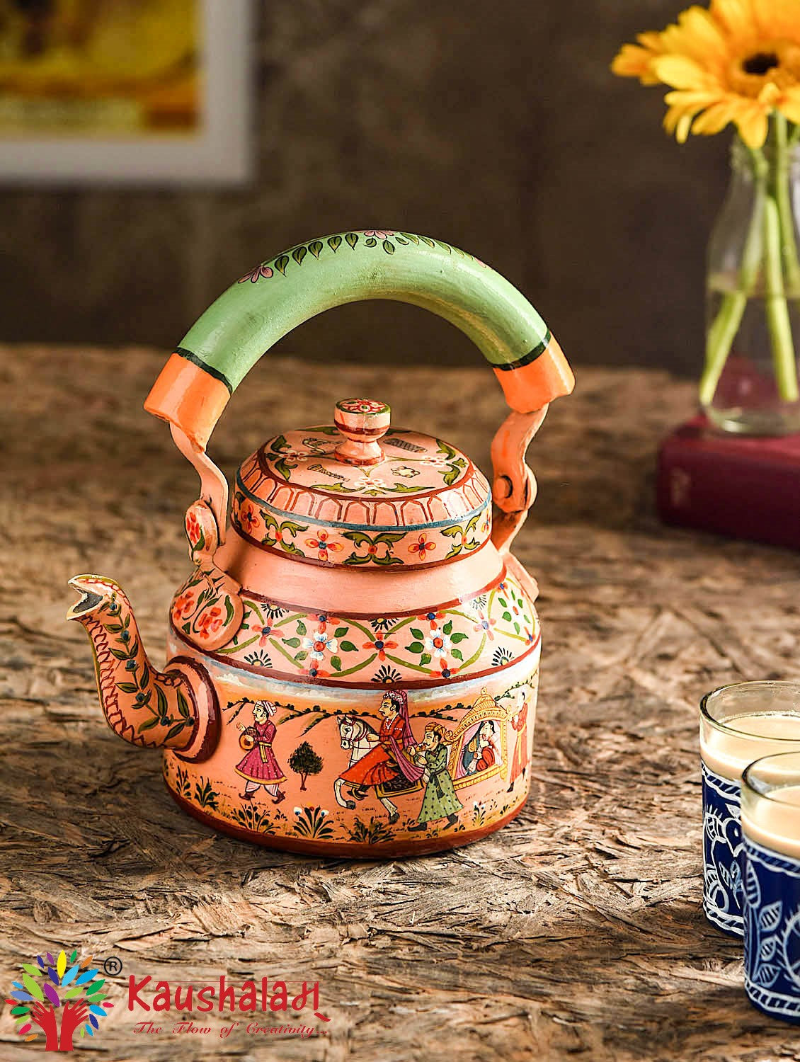 Hand Painted Steel Induction Tea Kettle Majestic Christmas Gift Tea Pot,  Aluminium Tea Pot, Hand Designed Indian Tea Kettle 
