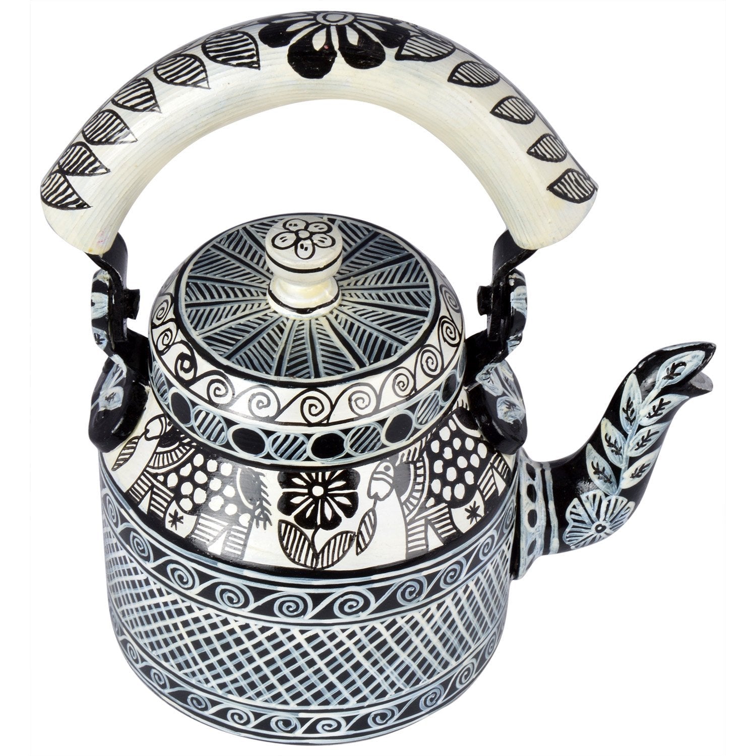 Kaushalam Tea Kettle: Celebration Black & White Madhubani Artwork