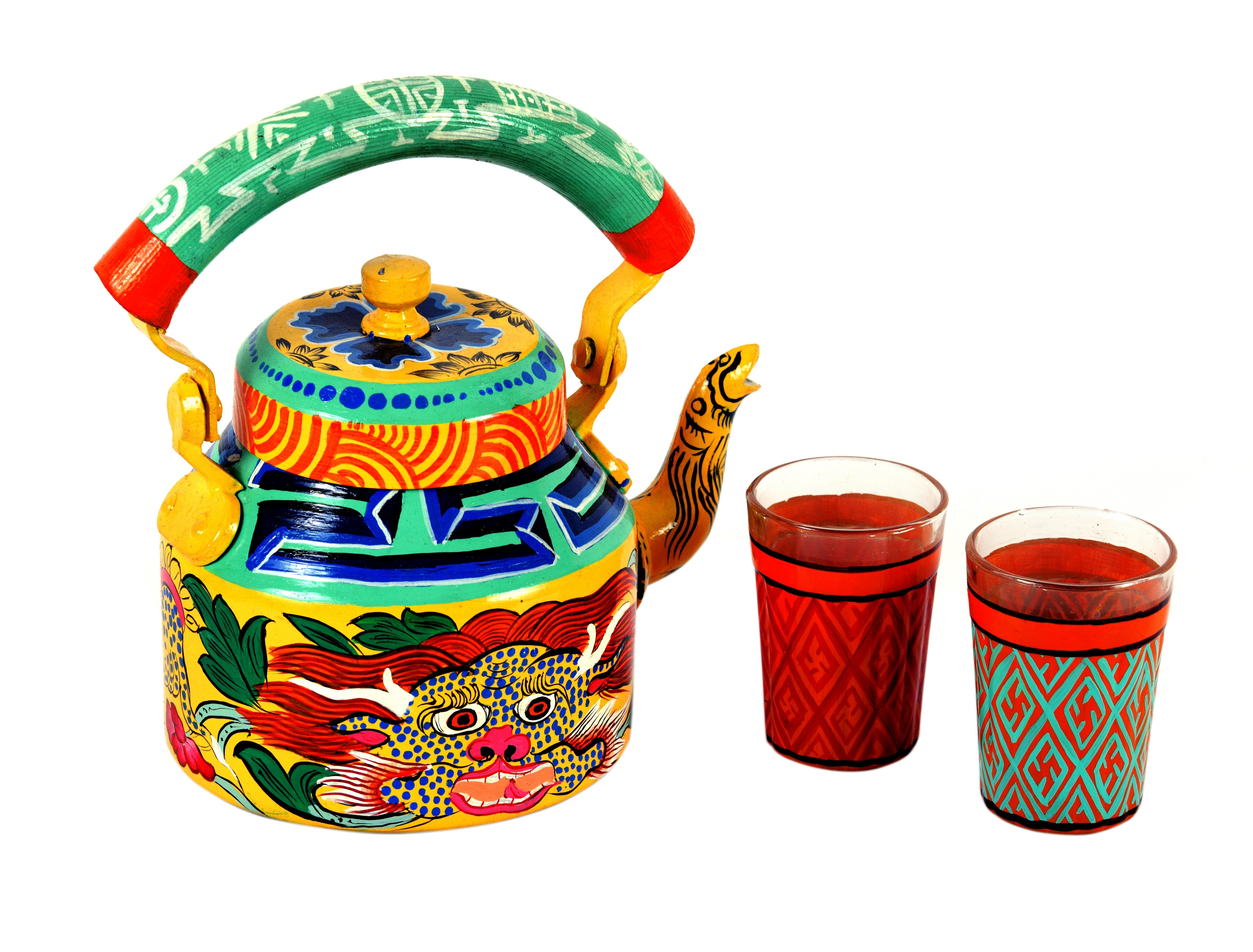 Hand Painted Tea Pot With 2 Steel Tea Cups :  The Dragon Tea Set For Two