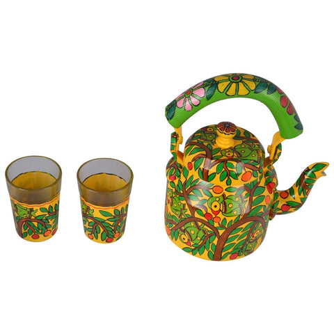 Hand Painted Madhubani Tea Set for Two People - Tea Pot & Two Tea Glasses