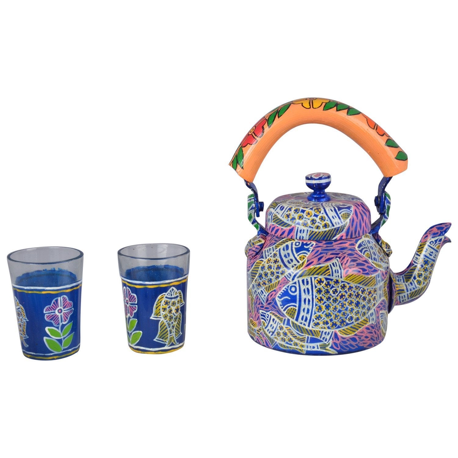 Hand Painted Tea Set For Two - Tea kettle with Two Tea Glasses: Fishomenia II