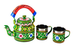 Hand Painted Tea Kettle  :  Green Floral Tea Set for Two Person