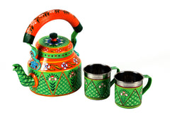 Hand Painted Tea Kettle With Two Tea Cups :  Mughal Garden