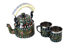 Hand Painted Tea kettle and 2 cups :  Black