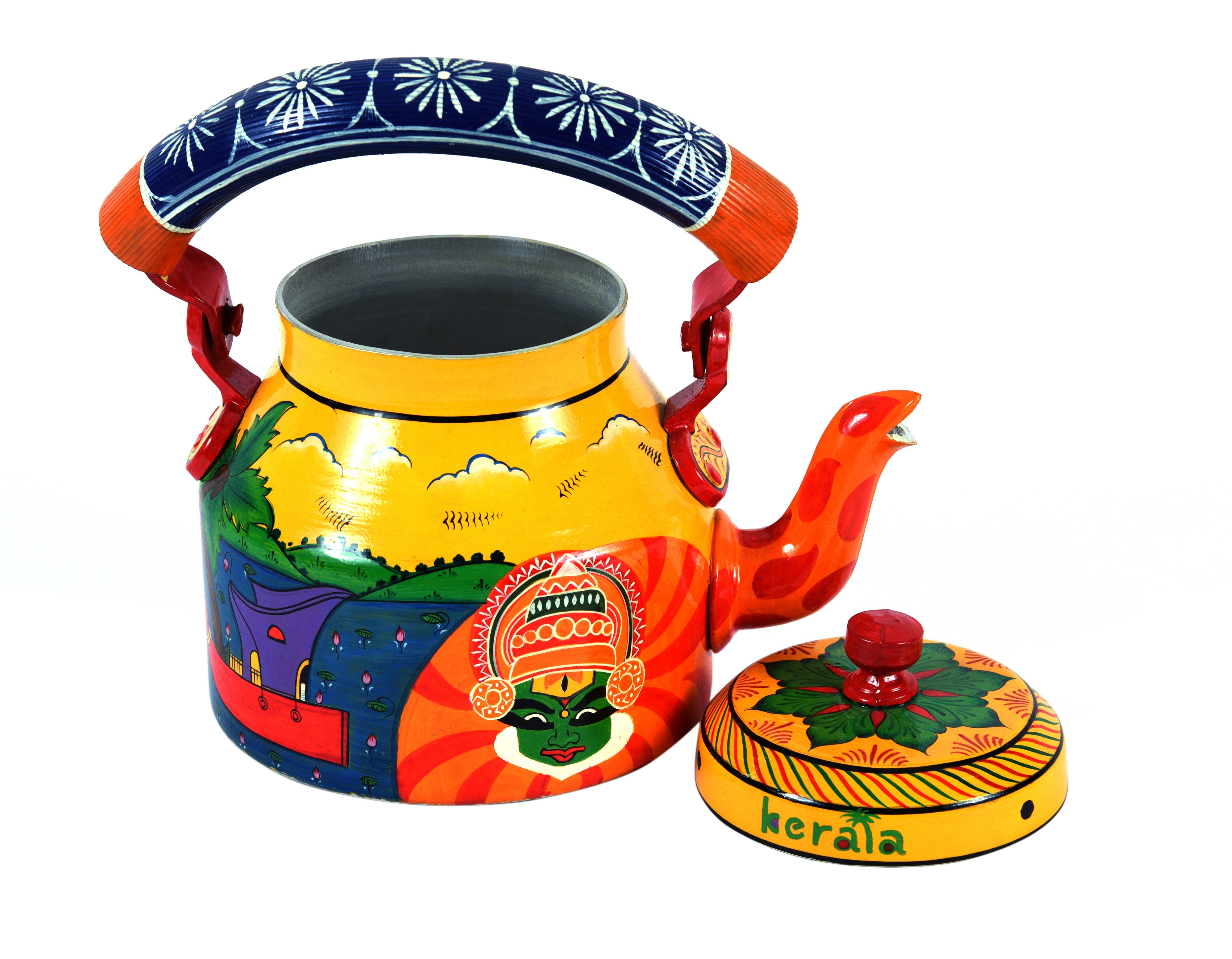 Hand Painted Tea kettle and 2 Tea Cups :   Kerala Mural Art