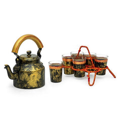 Hand Painted Tea Kettle with six glasses and stand: Antiqua Dark Gold