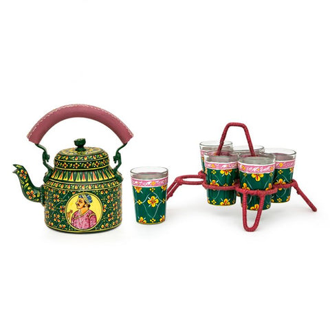 Hand Painted Tea Kettle with six glasses and stand: King & Queen