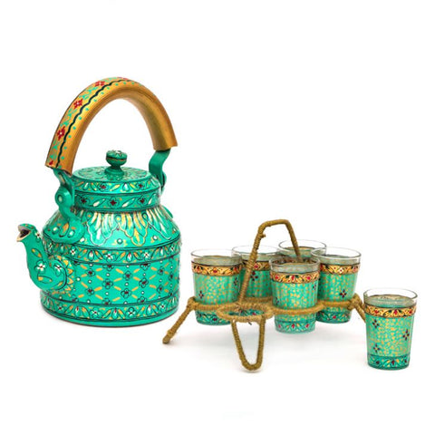 Hand Painted Tea Kettle with six glasses and stand : Eye Charmer