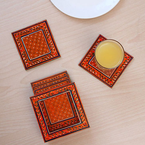 Hand Painted Coasters - Orange Mughal Art