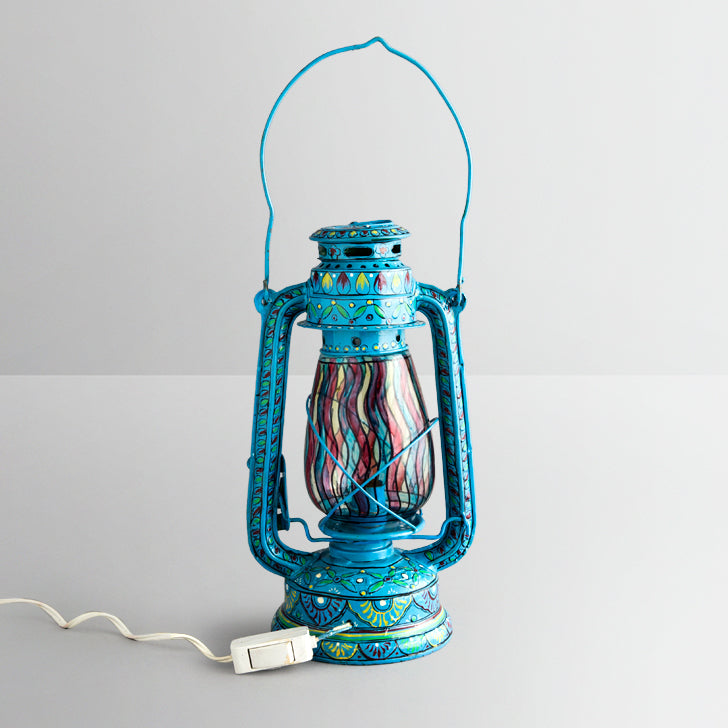 Hand Painted Hurrican Lantern with Bulb : Sky Blue
