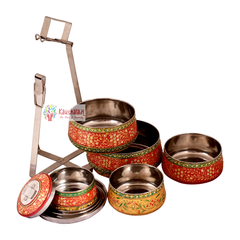 Kaushalam hand painted 5 tier steel pyramid tiffin, Lunch box, Meal for family, Picnic box, large Bento box, Christmas gift, reusable tiffin