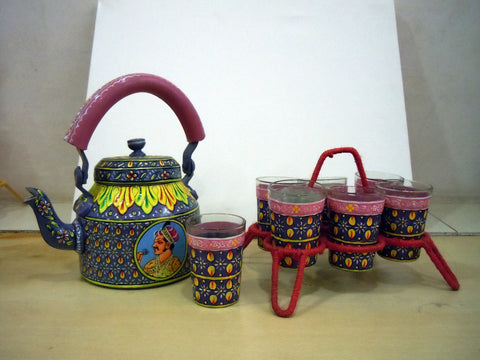Hand Painted Tea Kettle with six glasses and stand: King & Queen II