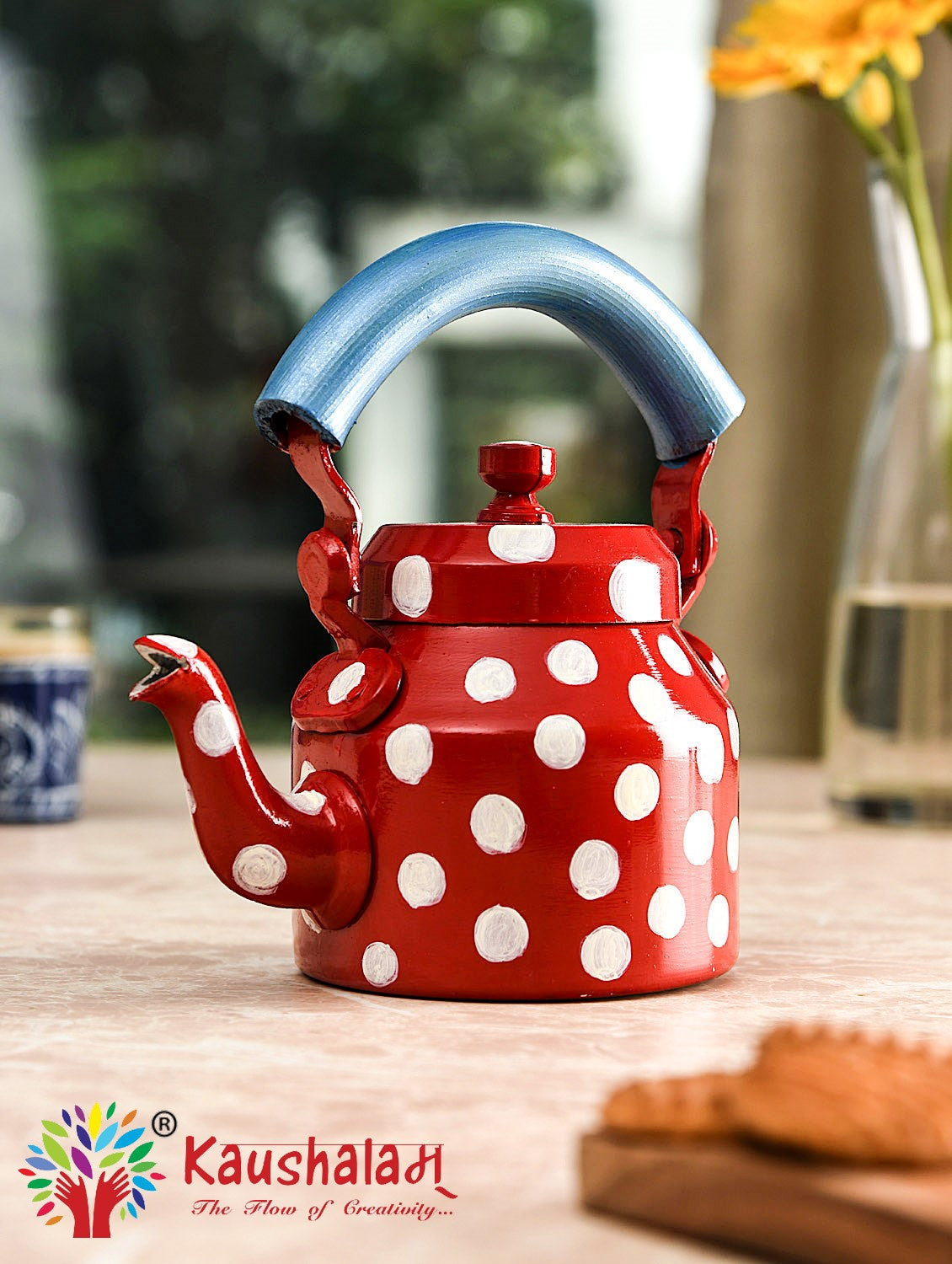 Hand Painted Kettle : Red Polka Dots